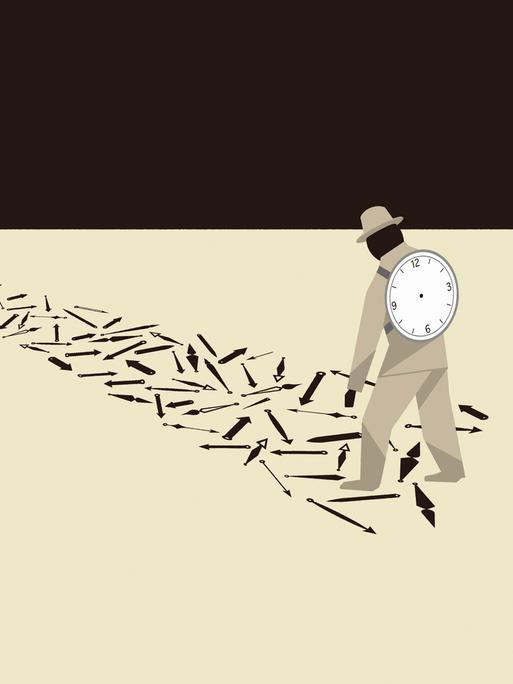 Eine Illustration zeigt einen Mann, der dem Weg einzelner Uhrzeiger folgt und ein zerbrochenes Ziffernblatt auf dem Rücken trägt.
