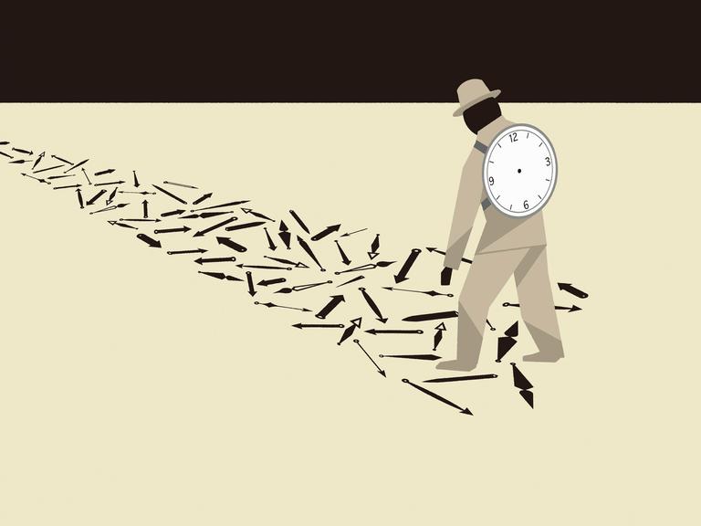 Eine Illustration zeigt einen Mann, der dem Weg einzelner Uhrzeiger folgt und ein zerbrochenes Ziffernblatt auf dem Rücken trägt.
