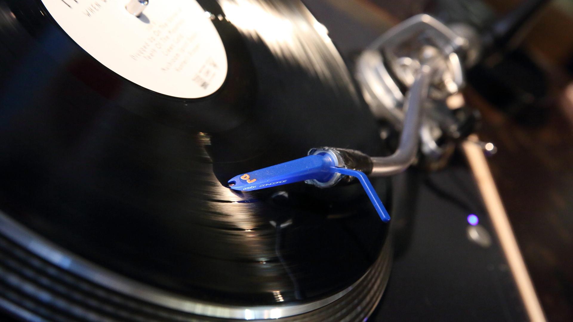 Eine blaue Schallplattenspielernadel läuft über eine Schallplatte.