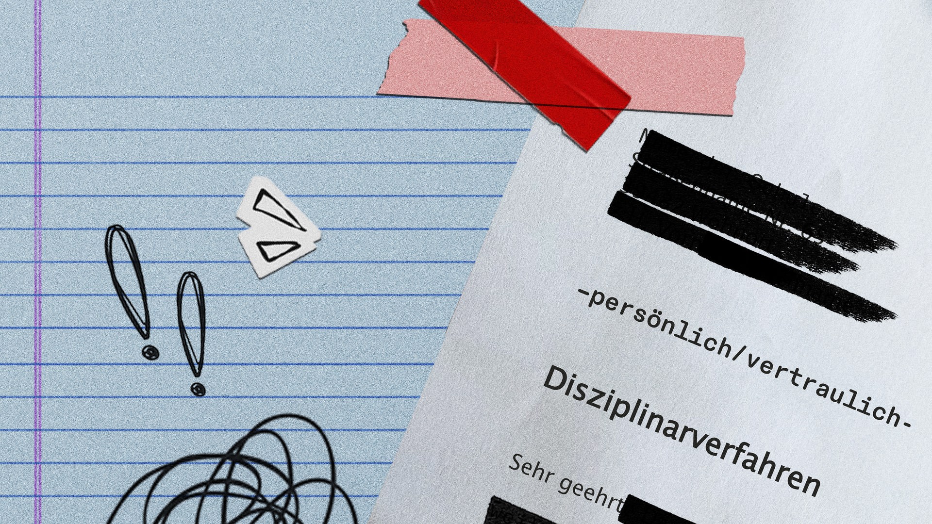 Auf einem linierten Blatt Papier liegt ein Schreiben mit dem Betreff "Disziplinarverfahren", die übrigen Angaben sind geschwärzt