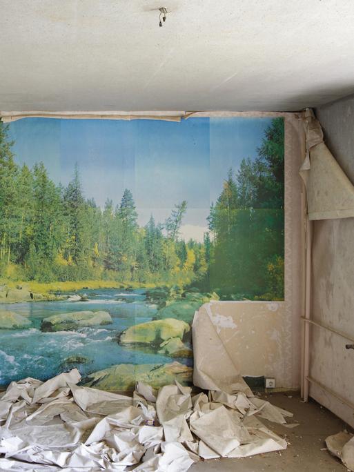 Eine leerstehende Wohnung in einem Plattenbau mit Landschaftsmotiv auf einer Fototapete.