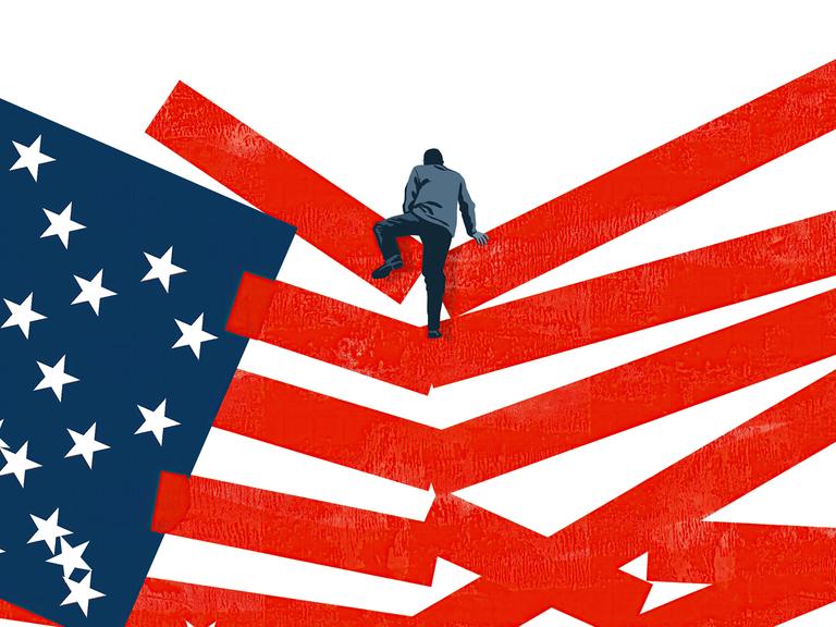 Illustration: Ein Mann klettert über eine in sich zusammenfallende Flagge der USA.