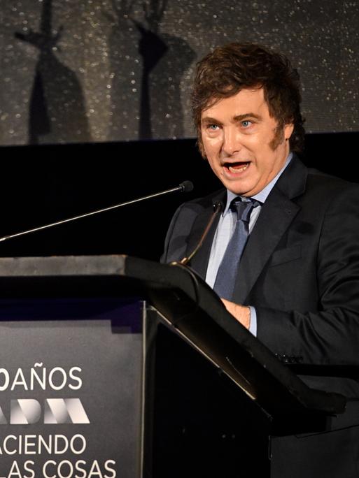 Javier Milei, Präsident von Argentinien, hält eine Rede; links steht die argentinische Flagge.