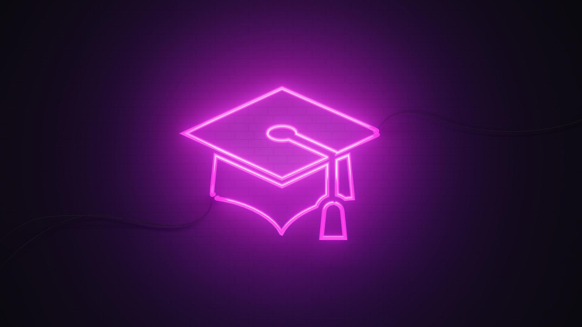 Vektorzeichnung einer Graduiertenkappe mit Kordel aus pinken Neonröhren. Vektorzeichnung einer Graduiertenkappe mit Kordel aus pinken Neonröhren.