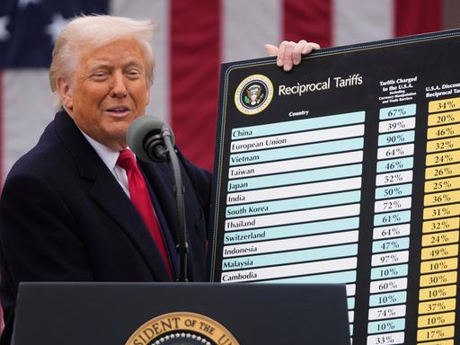 Donald Trump spricht im Gartes des Weißen Hauses über neue Zölle und hält dabei eine Tafel mit den Berechnungen hoch. 