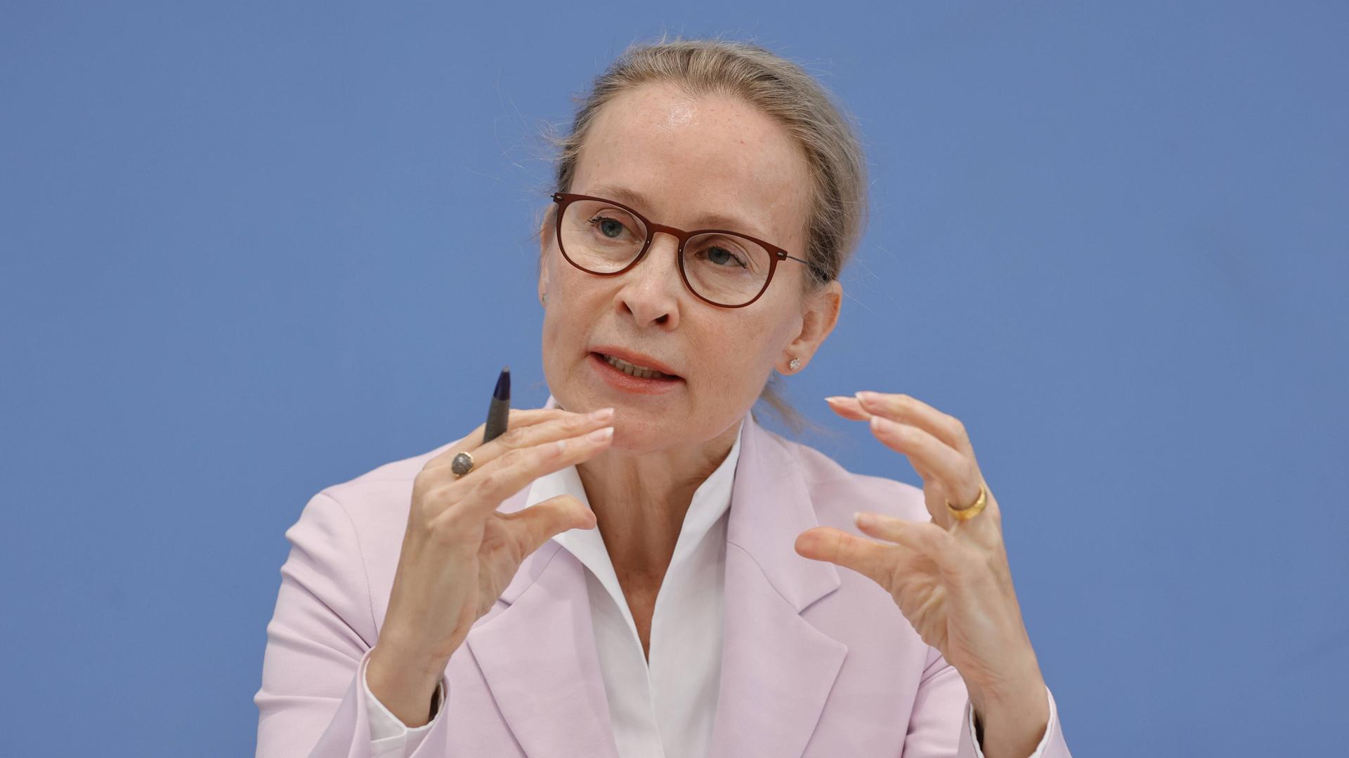Prof. Frauke Brosius-Gersdorf, Universität Potsdam, auf dem Podium der Bundespressekonferenz. Sie trägt einen rosa Blazer und schaut konzentriert. Dabei gestikuliert sie mit ihren Händen. 