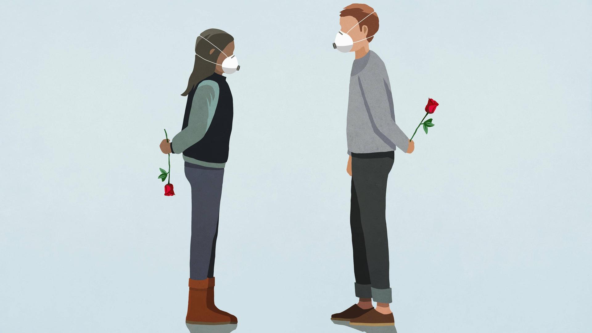 Illustration eines Paares, das sich gegenübersteht. Beide tragen eine Maske über Mund und Nase. Hinter ihrem Rücken halten beide eine rote Rose. 