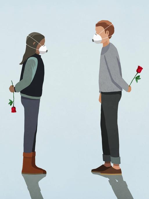 Illustration eines Paares, das sich gegenübersteht. Beide tragen eine Maske über Mund und Nase. Hinter ihrem Rücken halten beide eine rote Rose. 