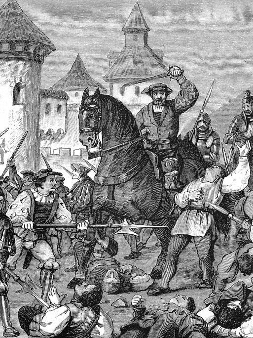 Deutscher Bauernkrieg, 1524-1526, Das Gemetzel zu Pfedersheim. Historisch, digital restaurierte Reproduktion einer Originalvorlage aus dem 19. Jahrhundert, genaues Originaldatum nicht bekannt.