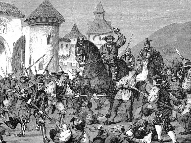 Deutscher Bauernkrieg, 1524-1526, Das Gemetzel zu Pfedersheim. Historisch, digital restaurierte Reproduktion einer Originalvorlage aus dem 19. Jahrhundert, genaues Originaldatum nicht bekannt.