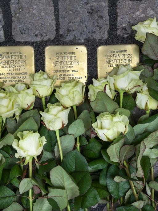 Drei Stolpersteine mit den Namen von Emma Esther, Siegfried und Bertha Pess Mendelsohn sind in die Pflastersteine der Kramerstraße in Zeitz verlegt. Weiße Rosen liegen darauf.