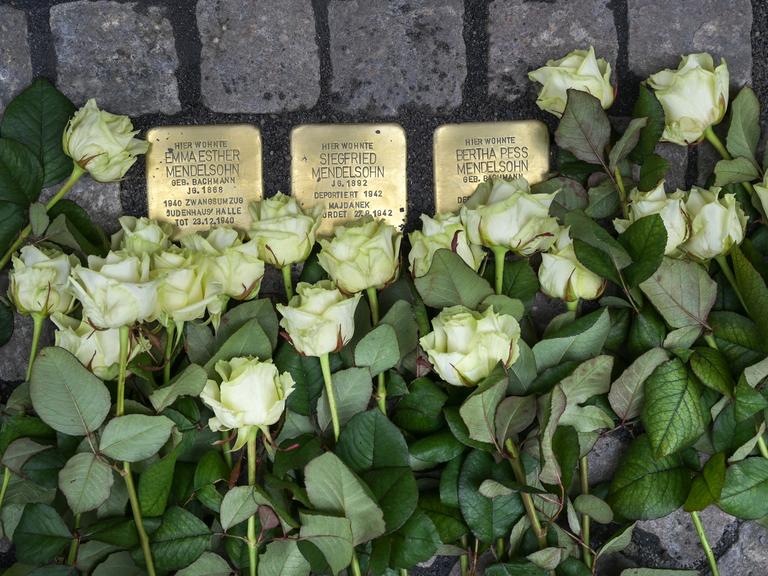 Drei Stolpersteine mit den Namen von Emma Esther, Siegfried und Bertha Pess Mendelsohn sind in die Pflastersteine der Kramerstraße in Zeitz verlegt. Weiße Rosen liegen darauf.