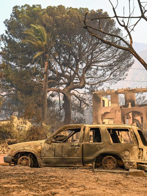 In Los Angeles ist steht ein ausgebranntes Auto inmitten der von Waldbränden zerstörten Umgebung. 