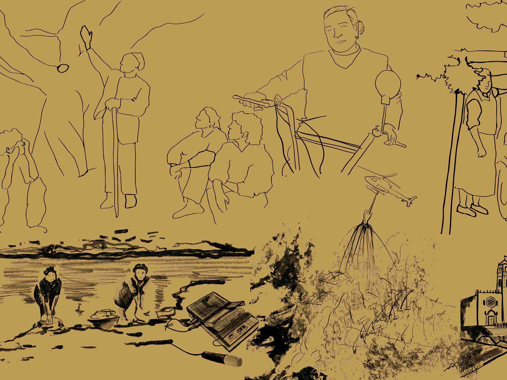 Collage: Illustrationen der sardischen Dichterin Orlanda Sassu - genannt Iolanda - an für sie typischen Orten: an ihrem Baumhaus, am Meer, in der kleinen sardischen Stadt Guspini...