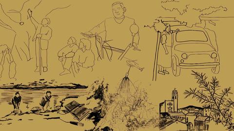 Collage: Illustrationen der sardischen Dichterin Orlanda Sassu - genannt Iolanda - an für sie typischen Orten: an ihrem Baumhaus, am Meer, in der kleinen sardischen Stadt Guspini...