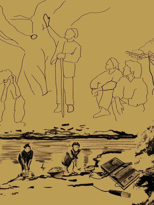 Collage: Illustrationen der sardischen Dichterin Orlanda Sassu - genannt Iolanda - an für sie typischen Orten: an ihrem Baumhaus, am Meer, in der kleinen sardischen Stadt Guspini...