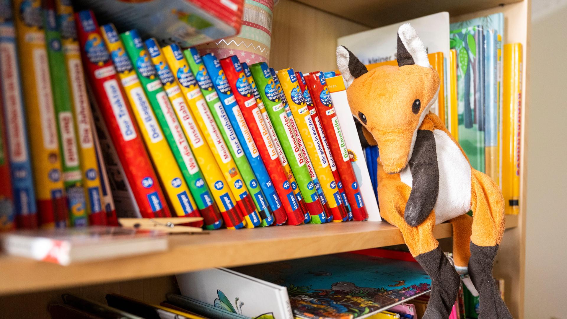 Kinderbücher stehen in einem Bücherregal einer Kita. 