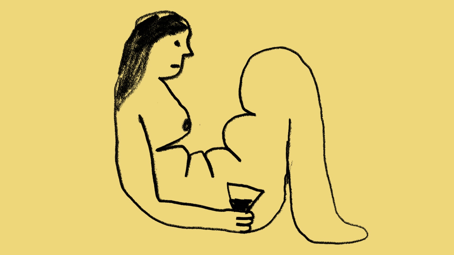Eine Frau mit seltsamen Knubbeln am Unterkörper liegt halb gelassen/halb ein wenig traurig mit einem Glas Wein in der Hand auf dem Boden. Eine Frau mit seltsamen Knubbeln am Unterkörper liegt halb gelassen/halb ein wenig traurig mit einem Glas Wein in der Hand auf dem Boden.