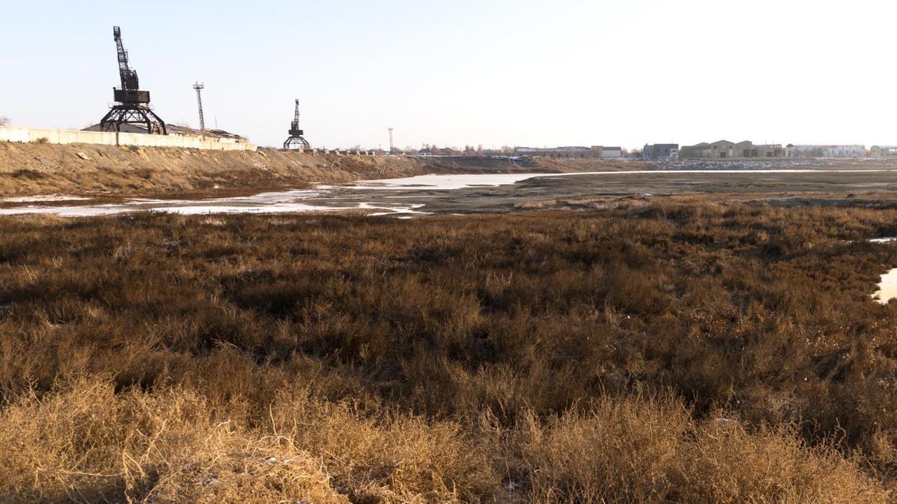 Das leere Hafenbecken in Aralsk. Hier legten vor 50 Jahren Schiffe an. Heute wachsen Pflanzen im Sand. Die alten Kräne sind noch zu sehen.