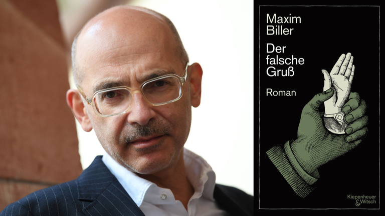 Ein Portrait des Schriftstellers Maxim Biller das Cover seines Romans "Der falsche Gruß"