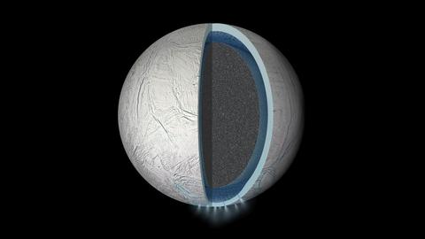 Der Querschnitt zeigt den globalen Wasserozean unter der Eiskruste des Saturnmondes Enceladus.