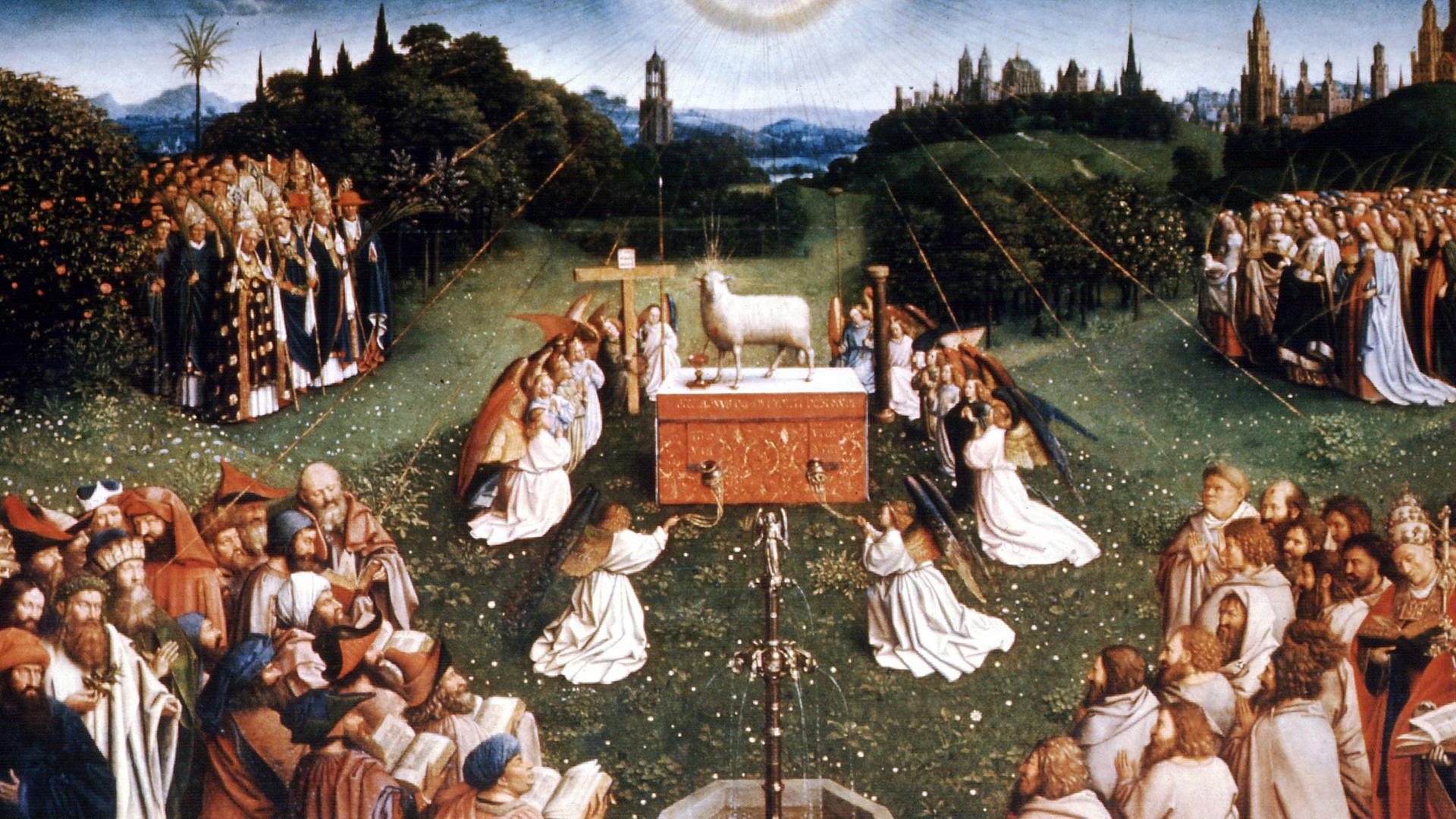 Der Mittelaltar im Genter Altar von Hubert und Jan van Eyck (Ausschnitt) zeigt die "Anbetung des Lammes" als Symbol für das Paradies in einer Frühlingslandschaft. Das Gemälde entstand um 1432.