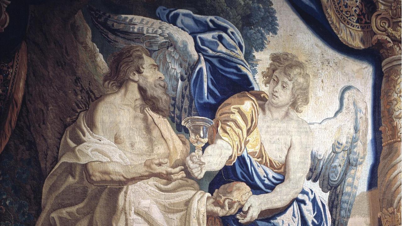 Historische Dartellung des Propheten Elia, der von einem Engel Brot und Wein empfängt.