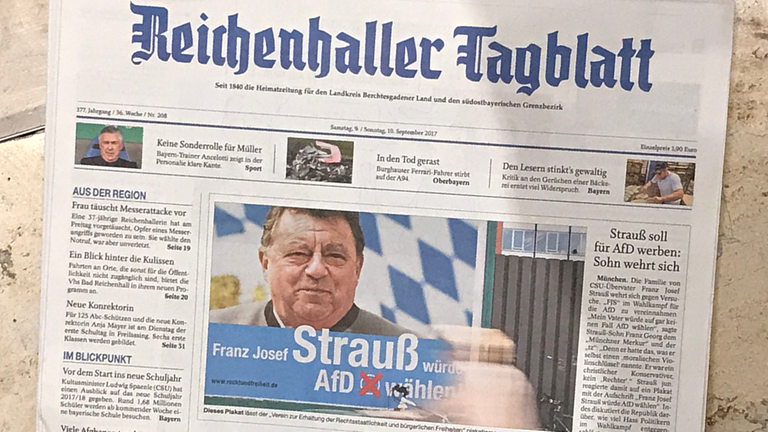 Das "Reichenhaller Tagblatt" titelt am 9. September: "Strauß soll für AfD werben: Sohn wehrt sich"
