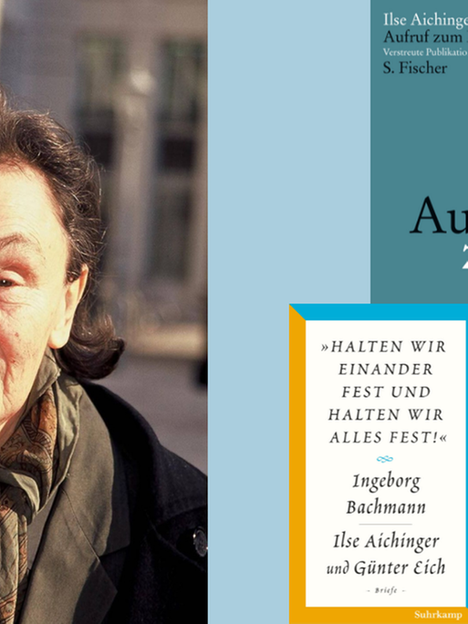 Ein Protrait der Schriftstellerin Ilse Aichinger und 4 Cover neuer Bücher zu ihrem 100. Geburtstag