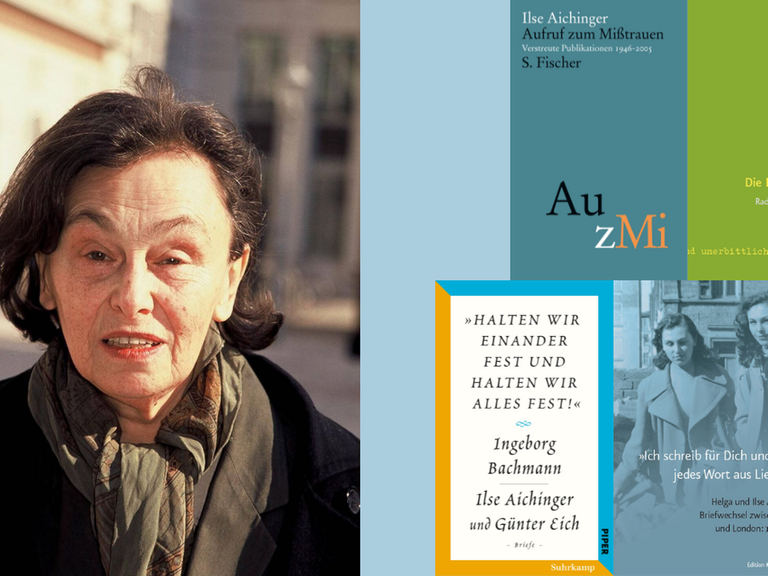 Ein Protrait der Schriftstellerin Ilse Aichinger und 4 Cover neuer Bücher zu ihrem 100. Geburtstag