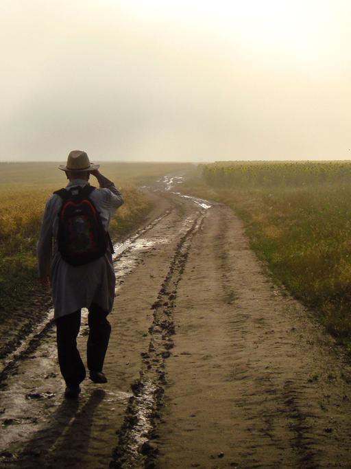 Ein Mann geht einen Feldweg entlang.
