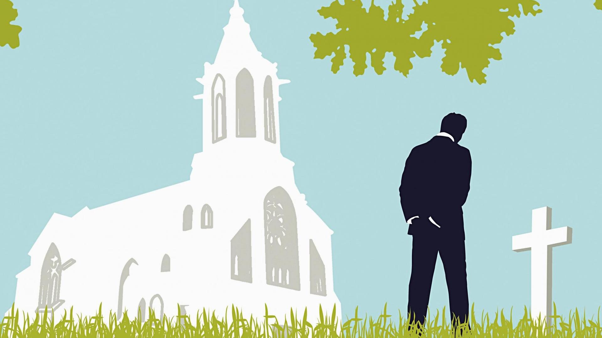 Ein Mann besucht einen Friedhof. Im Hintergrund ist eine Kirche zu sehen. Grafische Darstellung.