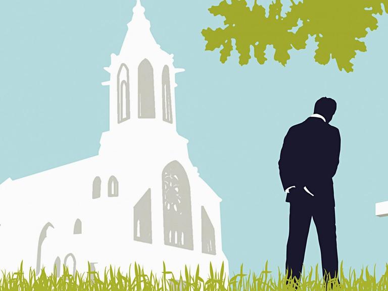 Ein Mann besucht einen Friedhof. Im Hintergrund ist eine Kirche zu sehen. Grafische Darstellung.