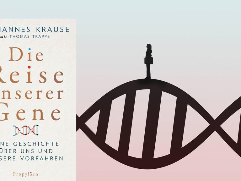 Cover: "Johannes Krause mit Thomas Trappe: Die Reise unserer Gene" auf Hintergund.