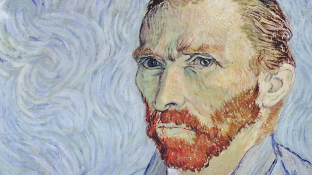 Ein Auszug aus einem Selbstbildnis Van Goghs mit blauem Hintergrund.