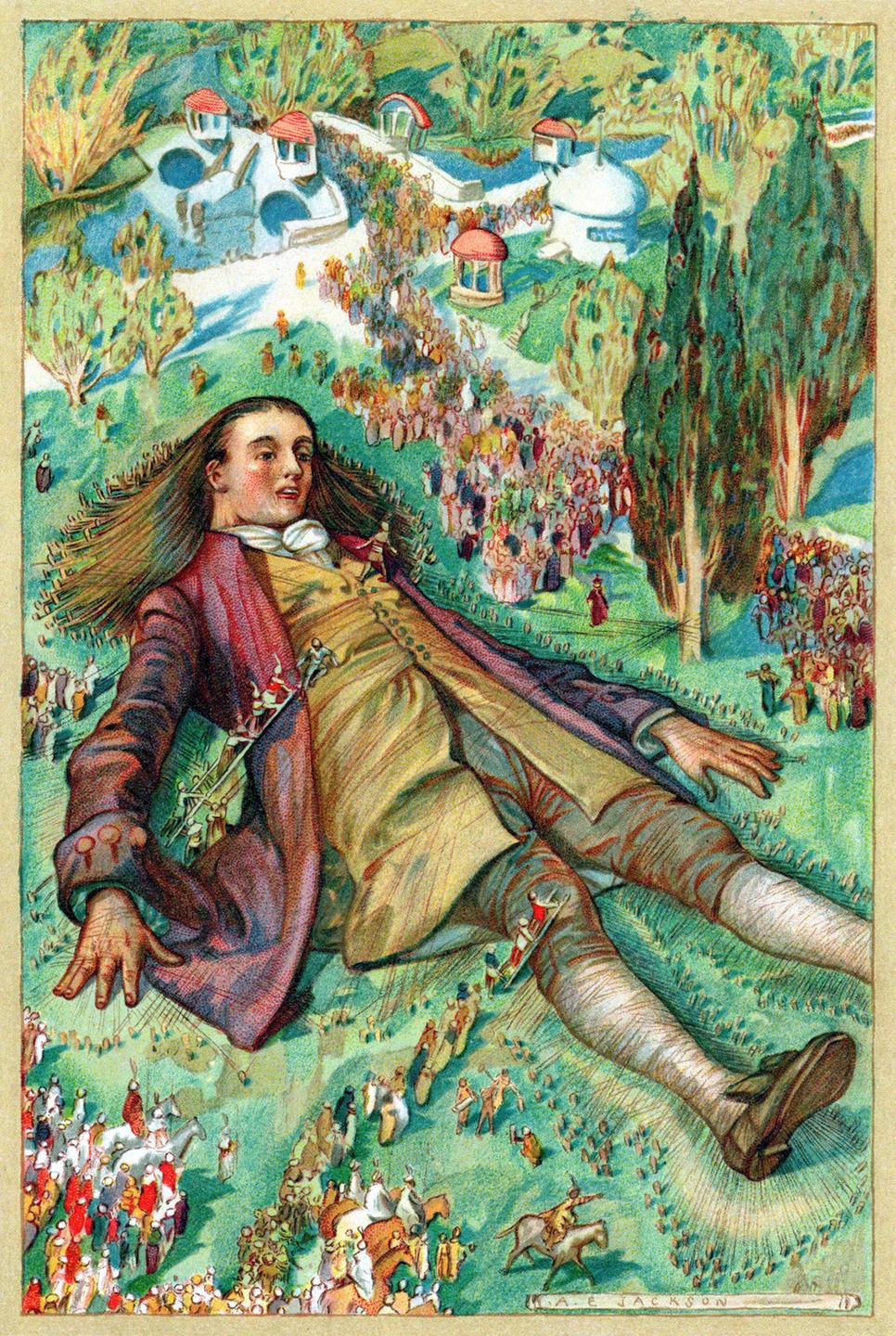 Lemuel Gulliver wird gerade klar, dass er ein gefangener Lilliputaniens ist: Chromolithograph einer Edition von Jonathan Swifts "Gulliver's Travel", New York 1911