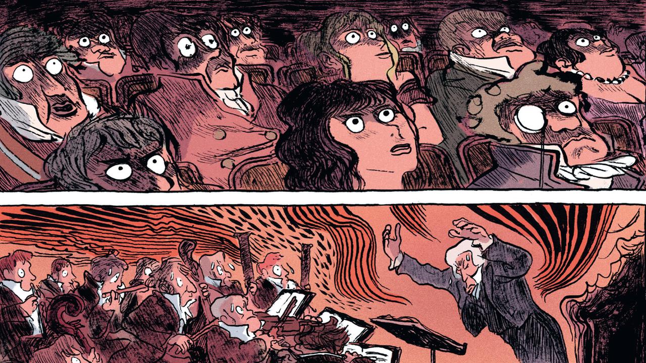 Szene aus der Graphic Novel "Goldjunge - Beethovens Jugendjahre" von Mikael Ross: Beethoven dirigiert ein Orchester, darüber ist das Publikum zu sehen - die Bilder sind in verschiedenen Rottönen koloriert.