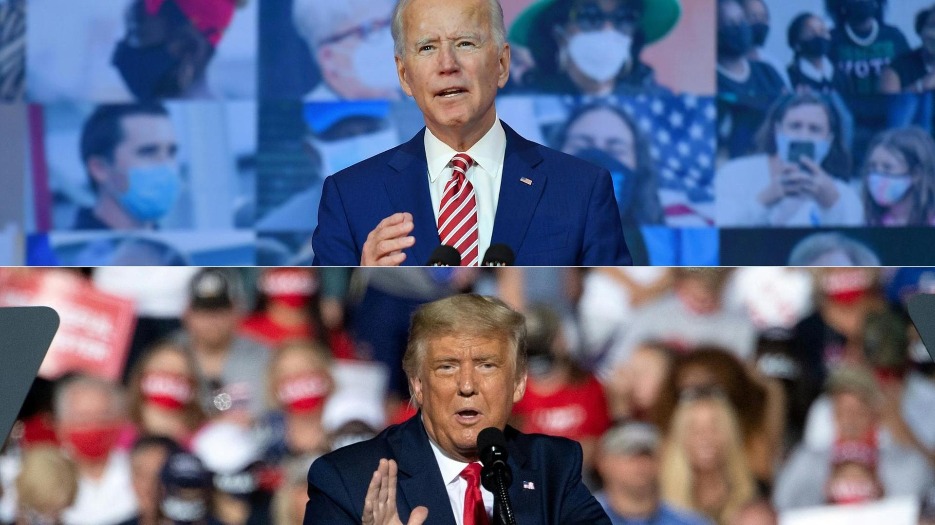 Fotomontage mit Bildern aus Wahlkampfauftritten von Donald Trump und Joe Biden, dern zwei Kandidaten für die Präsidentschaftswahlen in den USA am 3. November 2020