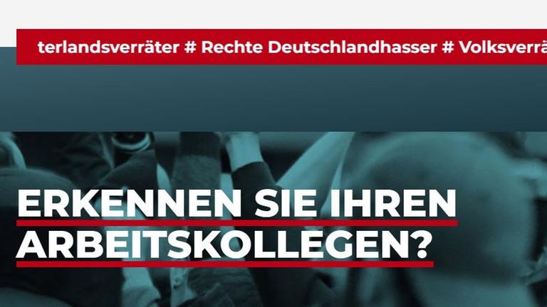 Auf der Seite steht "Erkennen Sie Ihren Arbeitskollegen?" und darüber - rot unterlegt - "Vaterlandsverräter - Rechte Deutschlandhasser".