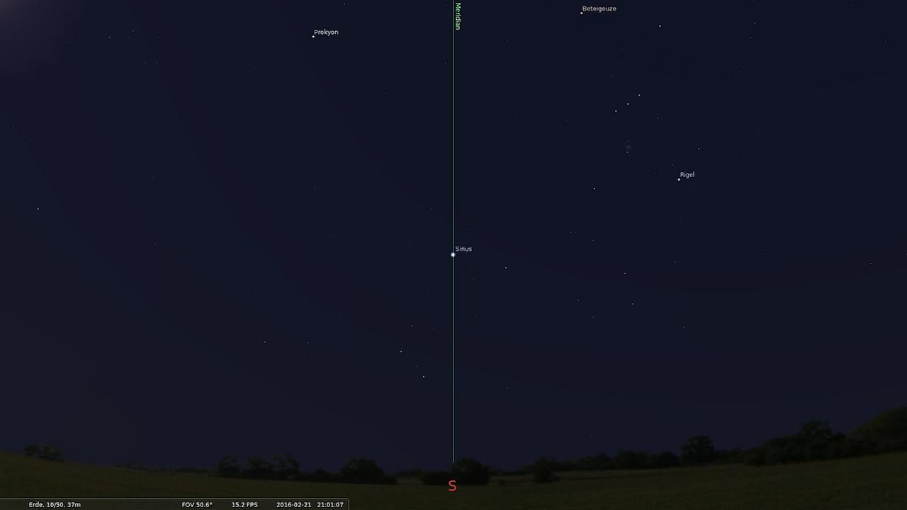 Sirius kreuzt auf 10° östlicher Länge den Meridian heute gegen 21 Uhr MEZ in einer Höhe von 23 Grad 