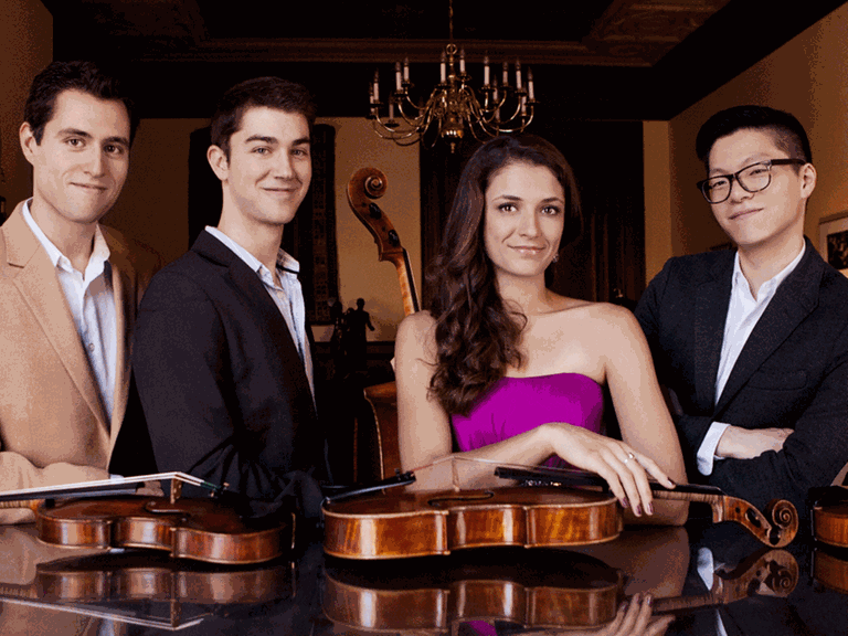 Die Mitglieder des Dover Quartets aus den USA im Halbporträt lächeln in die Kamera und haben die Violinen und die Viola vor sich auf dem glänzenden Deckel eines Klavierflügels liegen.