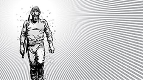 In der Schwarz-Weiß-Grafik zum Comic "El Eternauta" des argentinischen Autors Héctor Germán Oesterheld steht die Comicfigur inmitten eines Strahlenkranzes