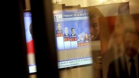 Blick auf einen Bildschirm mit den Vorwahlergebnissen der Konservativen: Fillon vor Juppe und Sarkozy