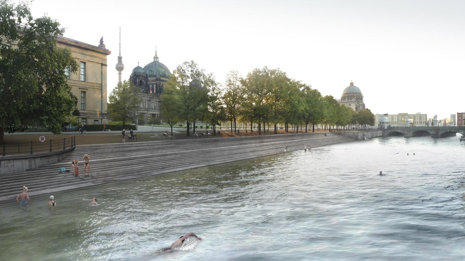 So könnte das Ufer am Lustgarten in Berlin einmal aussehen: Uferpromenade mit Badegästen am Spreekanal