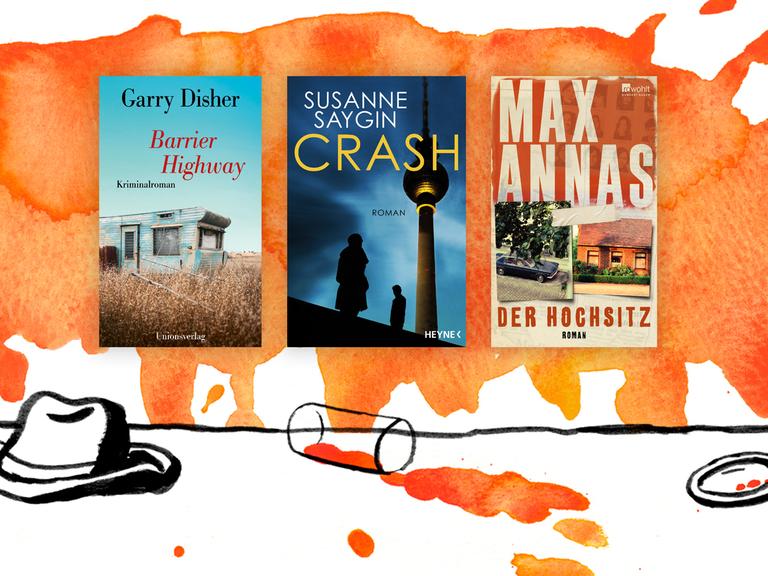 Die Cover der Top drei der Krimibestenliste Im September 2021: Garry Dishers "Barrier Highway", Susanne Saygins „Crash“ und Max Annas' "Der Hochsitz" (v.l.n.r.).