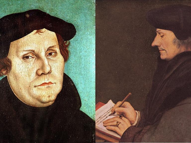 Links: Der Reformator Martin Luther in einer Darstellung von Lukas Cranach d.Ae. (Ölgemälde auf Holz von 1528). / Rechts: Das Gemälde von Hans Holbein d. J. zeigt den niederländischen Humanisten Erasmus von Rotterdam (1466-1536).