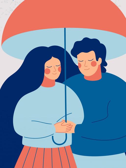 Illustration eines Paares, die sich untern einem Regenschirm umarmen — es reget.