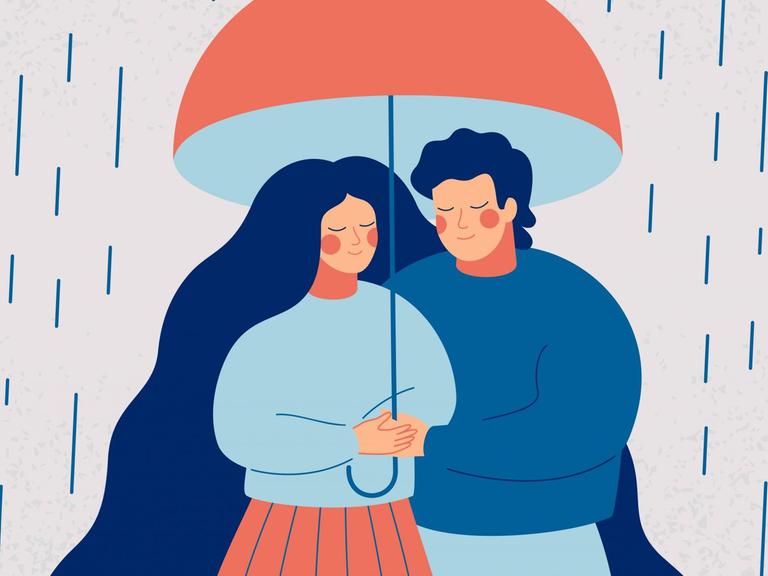 Illustration eines Paares, die sich untern einem Regenschirm umarmen — es reget.