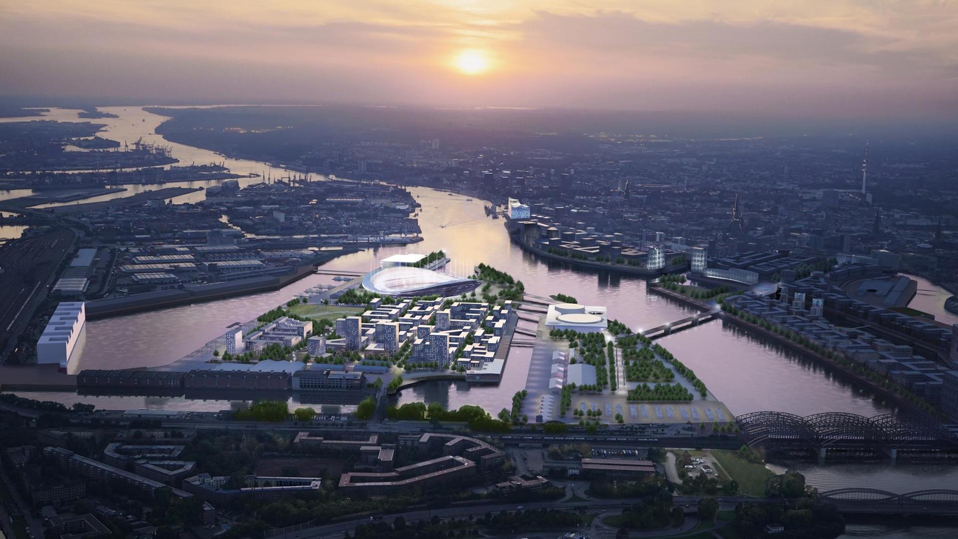 Die undatierte Visualisierung zeigt das geplante Olympiastadion auf dem Kleinen Grasbrook für die Olympischen Spiele 2024 in Hamburg.