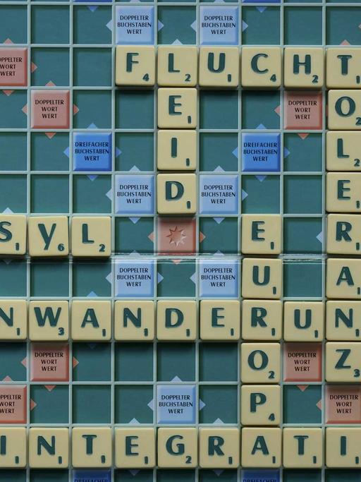 Scrabblespiel mit den Worten Einwanderungspolitik, Einwanderung, Migration, Asyl, Integration, Europa, Toleranz, Flucht, Leid